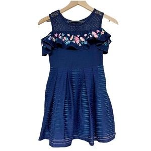 NWT Knitworks Girls Navy Blue Dress Size 10 Floral Embroidery Cold Shoulder
